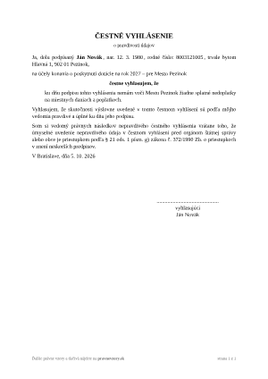 Čestné vyhlásenie o pravdivosti údajov – vyplnený vzor: vyhlásenie o nedoplatkoch voči mestu – náhľad prvej strany