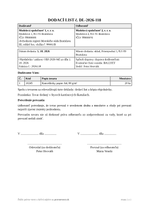 Dodací list – vyplnený vzor: dodanie dvadsiatich balení papiera – náhľad prvej strany