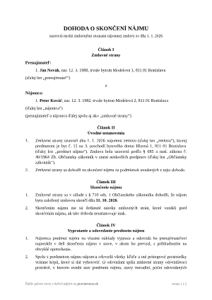 Dohoda o skončení nájmu – vyplnený vzor: skončenie nájmu bytu dohodou – náhľad prvej strany