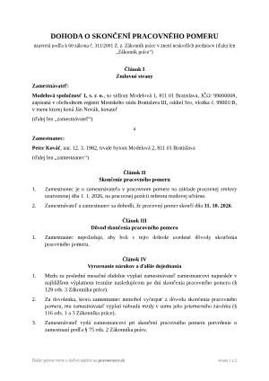 Dohoda o skončení pracovného pomeru – vyplnený vzor: dohodnuté skončenie bez osobitného dôvodu – náhľad prvej strany