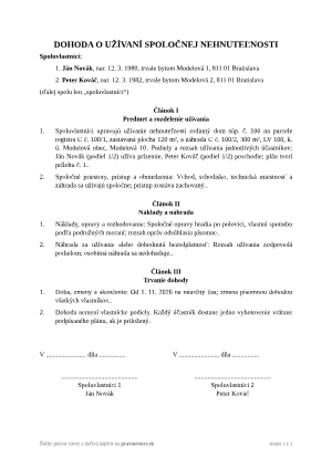 Dohoda o užívaní spoločnej nehnuteľnosti – vyplnený vzor: užívanie domu dvoma vlastníkmi – náhľad prvej strany