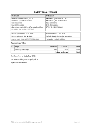 Faktúra – vyplnený vzor: neplatiteľ DPH – grafické práce – náhľad prvej strany