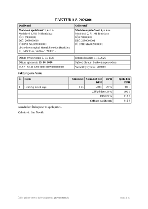 Faktúra – vyplnený vzor: platiteľ DPH – faktúra za služby – náhľad prvej strany