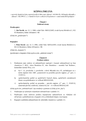 Kúpna zmluva na byt – vyplnený vzor: prevod trojizbového bytu – náhľad prvej strany
