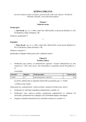 Kúpna zmluva na dom – vyplnený vzor: rodinný dom s pozemkom – náhľad prvej strany