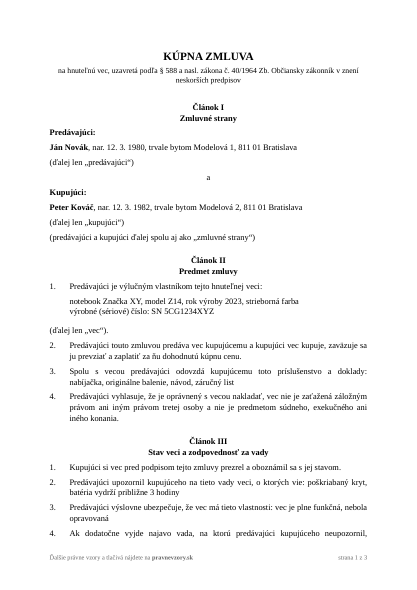 Kúpna zmluva na hnuteľnú vec – vyplnený vzor: predaj použitého notebooku – náhľad prvej strany