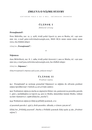 Nájomná zmluva na dom – vyplnený vzor: nájom rodinného domu – náhľad prvej strany