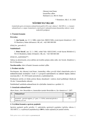 Návrh na vklad vlastníckeho práva do katastra – vyplnený vzor: vklad po kúpe pozemku – náhľad prvej strany