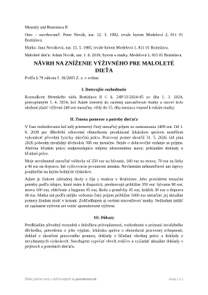 Návrh na zníženie výživného – vyplnený vzor: zníženie príjmu po zdravotnej zmene – náhľad prvej strany