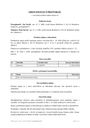 Odovzdávací protokol k bytu alebo nebytovému priestoru – vyplnený vzor: odovzdanie dvojizbového bytu – náhľad prvej strany