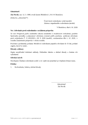 Odvolanie proti rozhodnutiu o sociálnom príspevku – vyplnený vzor: odvolanie podľa osobitne overeného poučenia – náhľad prvej strany