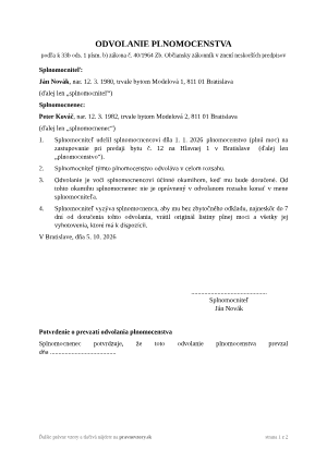 Odvolanie splnomocnenstva – vyplnený vzor: odvolanie poverenia na predaj bytu – náhľad prvej strany