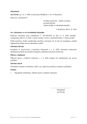 Odvolanie vo veci invalidného dôchodku – vyplnený vzor: námietky k zdravotnému posúdeniu – náhľad prvej strany