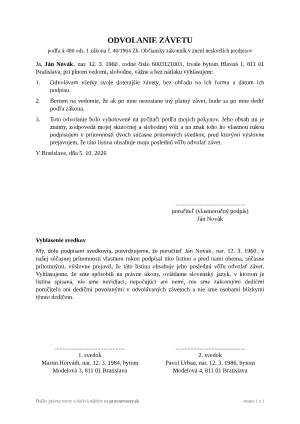 Odvolanie závetu – vyplnený vzor: odvolanie celého skoršieho závetu – náhľad prvej strany