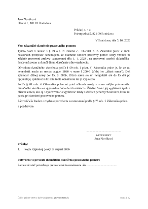 Okamžité skončenie pracovného pomeru zamestnancom – vyplnený vzor: nevyplatená mzda za august – náhľad prvej strany