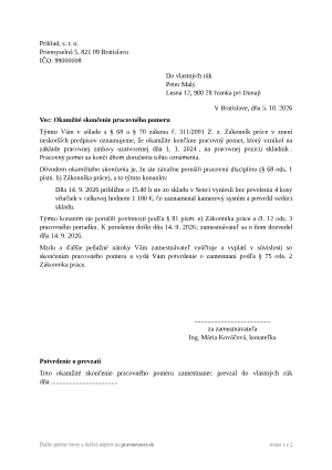 Okamžité skončenie pracovného pomeru zamestnávateľom – vyplnený vzor: závažné porušenie pracovnej disciplíny – náhľad prvej strany