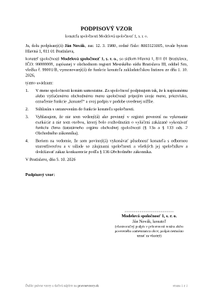 Podpisový vzor konateľa spoločnosti – vyplnený vzor: samostatné konanie za spoločnosť – náhľad prvej strany