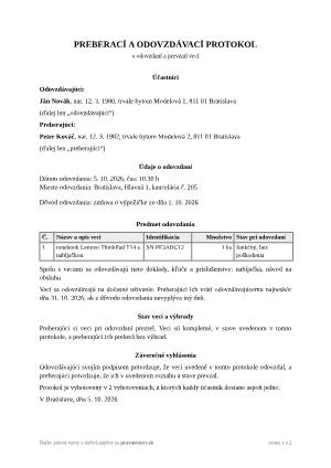Preberací / odovzdávací protokol – všeobecný vzor – vyplnený vzor: odovzdanie notebooku do výpožičky – náhľad prvej strany
