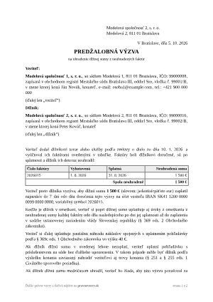 Predžalobná výzva na uhradenie faktúry – vyplnený vzor: nezaplatená faktúra medzi firmami – náhľad prvej strany