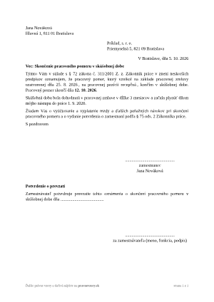 Skončenie pracovného pomeru v skúšobnej dobe zo strany zamestnanca – vyplnený vzor: oznámenie zamestnanca v skúšobnej dobe – náhľad prvej strany
