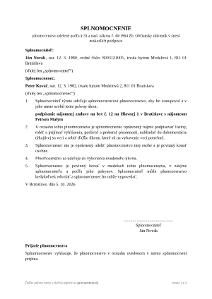 Splnomocnenie – všeobecný vzor – vyplnený vzor: podpis konkrétnej nájomnej zmluvy – náhľad prvej strany