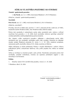 Súhlas vlastníka pozemku so stavbou – vyplnený vzor: prístrešok podľa určenej verzie projektu – náhľad prvej strany
