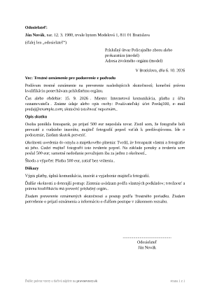 Trestné oznámenie pre podozrenie z podvodu – vyplnený vzor: podozrenie pri platbe za neexistujúci tovar – náhľad prvej strany
