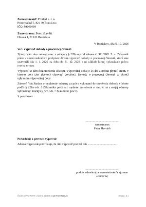 Výpoveď dohody o pracovnej činnosti – vyplnený vzor: výpoveď dohody zamestnancom – náhľad prvej strany