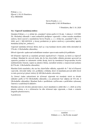 Výpoveď mandátnej zmluvy mandantom – vyplnený vzor: výpoveď správy mzdovej agendy – náhľad prvej strany