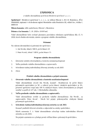 Zápisnica z valného zhromaždenia – vyplnený vzor: schválenie účtovnej závierky – náhľad prvej strany
