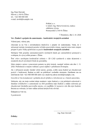 Žiadosť o prijatie do zamestnania bez zverejneného inzerátu – vyplnený vzor: oslovenie firmy bez inzerátu – náhľad prvej strany