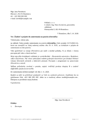 Žiadosť o prijatie do zamestnania – vyplnený vzor: reakcia účtovníčky na ponuku – náhľad prvej strany