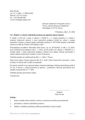 Žiadosť o vrátenie vodičského preukazu po uplynutí celého trestu – vyplnený vzor: žiadosť po osemnásťmesačnom zákaze – náhľad prvej strany