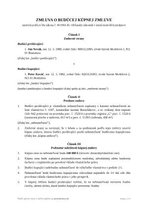 Zmluva o budúcej kúpnej zmluve na nehnuteľnosť – vyplnený vzor: budúca kúpa domu – náhľad prvej strany
