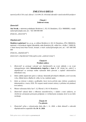 Zmluva o dielo – vyplnený vzor: rekonštrukcia kúpeľne pre firmu – náhľad prvej strany