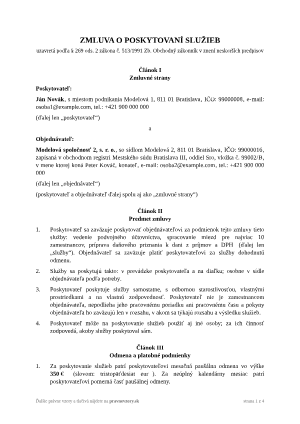 Zmluva o poskytovaní služieb – vyplnený vzor: mesačné účtovné služby – náhľad prvej strany