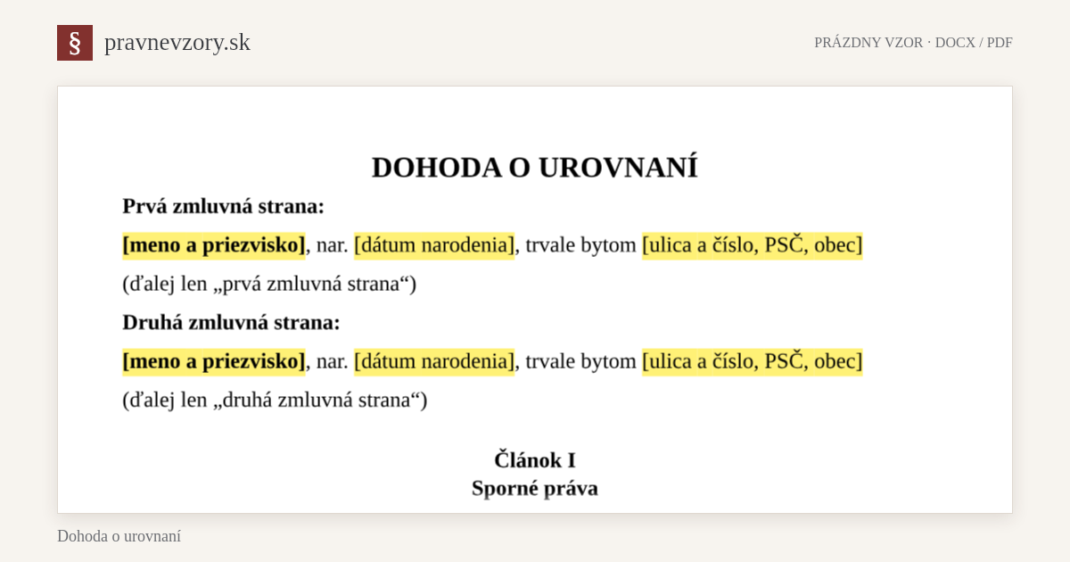Dohoda o urovnaní – náhľad hornej časti prázdneho vzoru