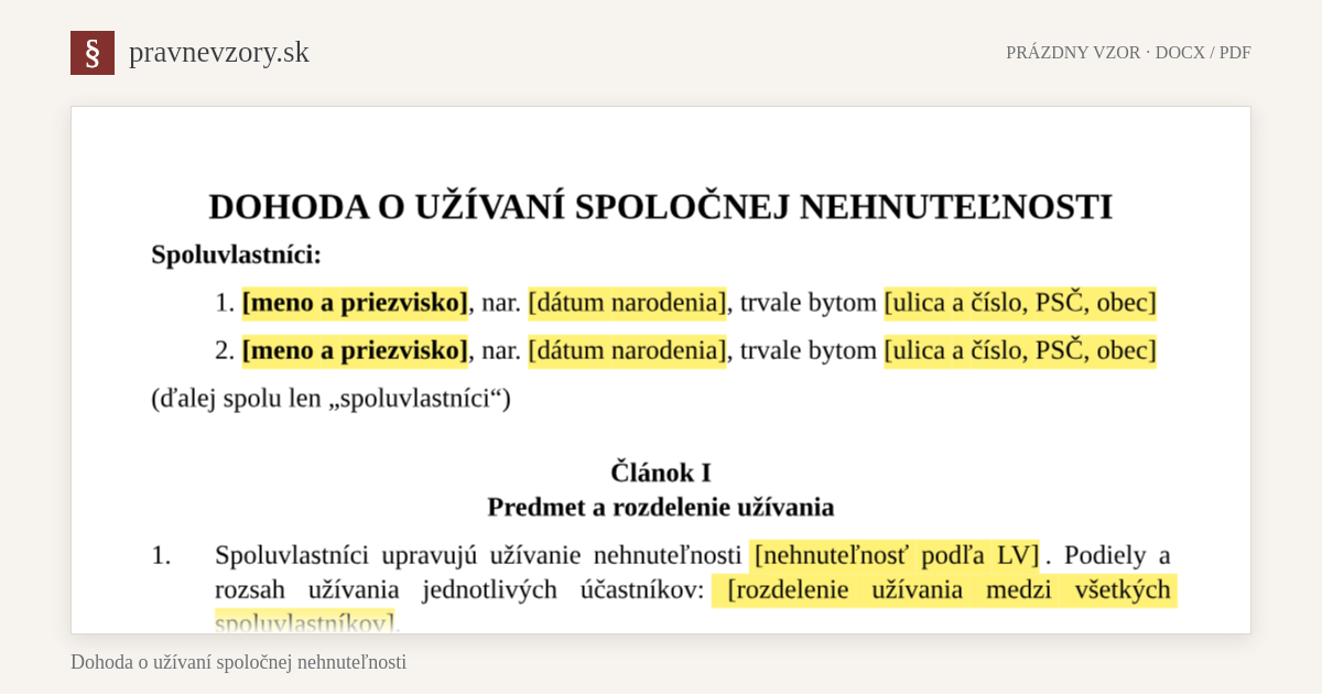 Dohoda o užívaní spoločnej nehnuteľnosti – náhľad hornej časti prázdneho vzoru