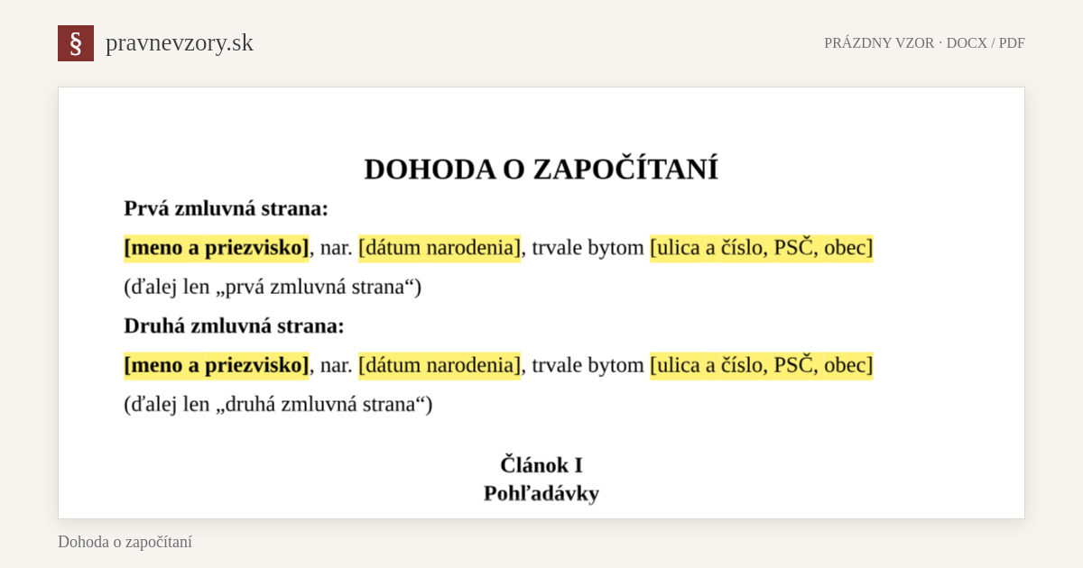 Dohoda o započítaní – náhľad hornej časti prázdneho vzoru