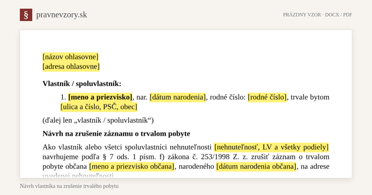 Návrh vlastníka na zrušenie trvalého pobytu – náhľad hornej časti prázdneho vzoru