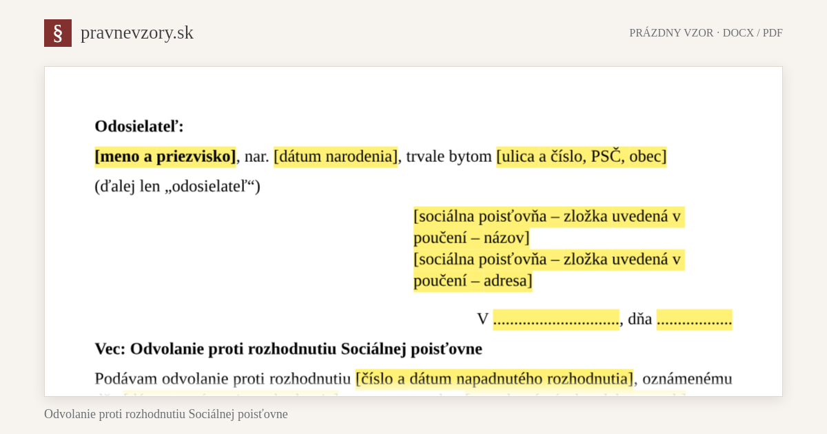 Odvolanie proti rozhodnutiu Sociálnej poisťovne – náhľad hornej časti prázdneho vzoru
