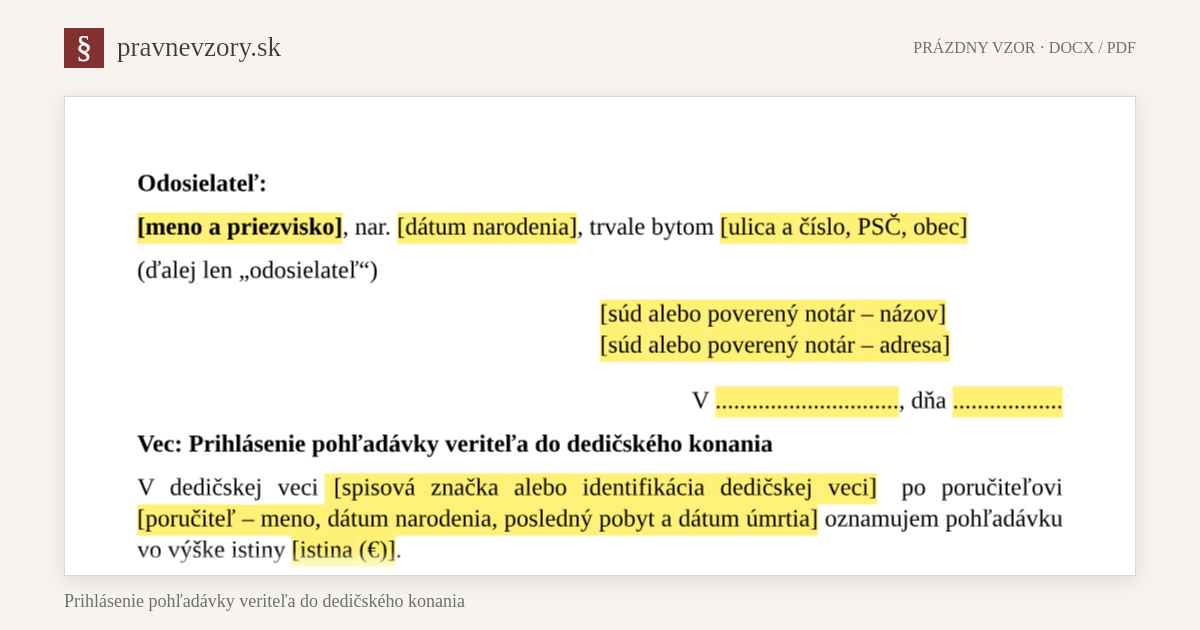 Prihlásenie pohľadávky veriteľa do dedičského konania – náhľad hornej časti prázdneho vzoru