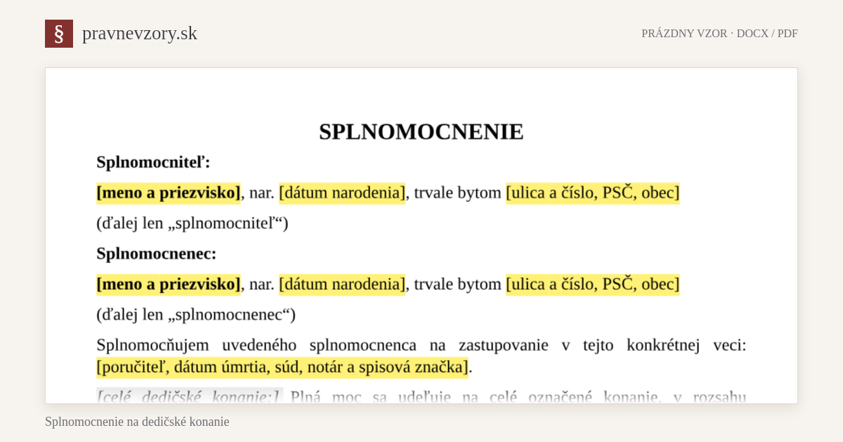 Splnomocnenie na dedičské konanie – náhľad hornej časti prázdneho vzoru