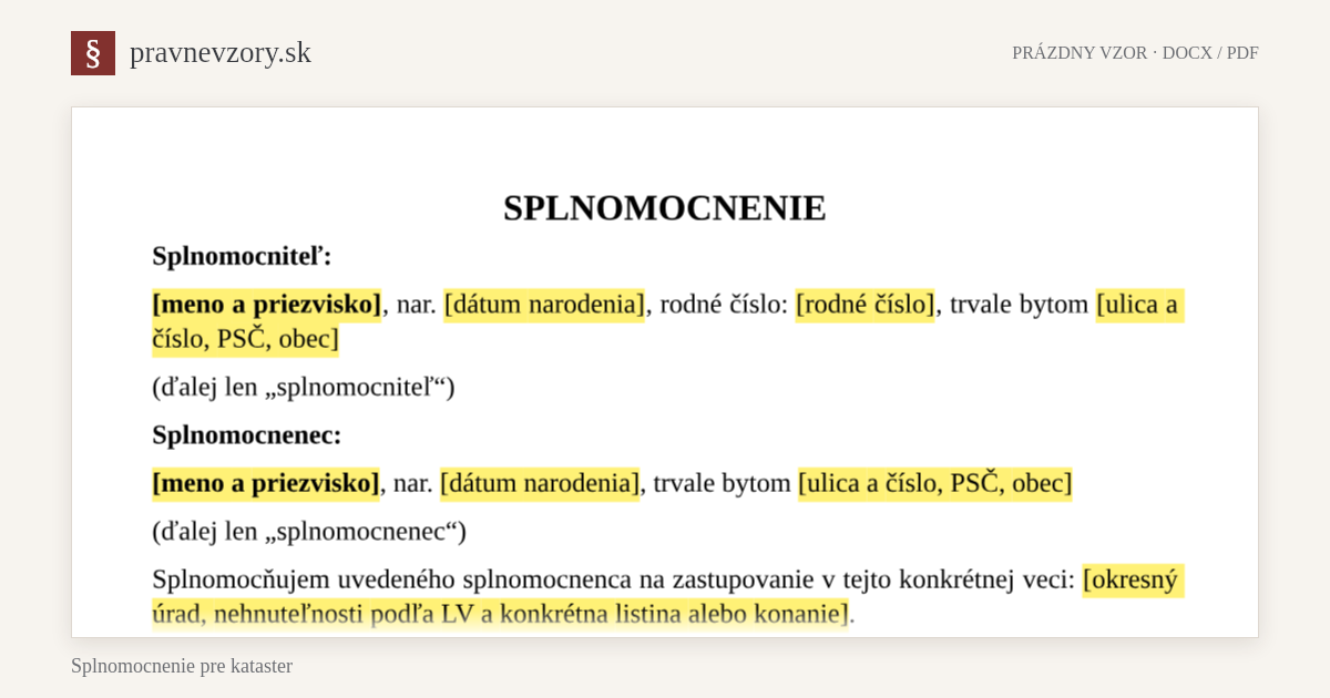 Splnomocnenie pre kataster – náhľad hornej časti prázdneho vzoru