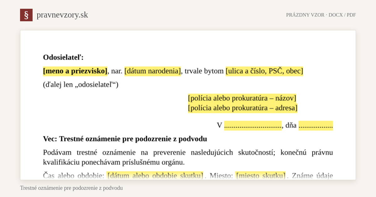 Trestné oznámenie pre podozrenie z podvodu – náhľad hornej časti prázdneho vzoru