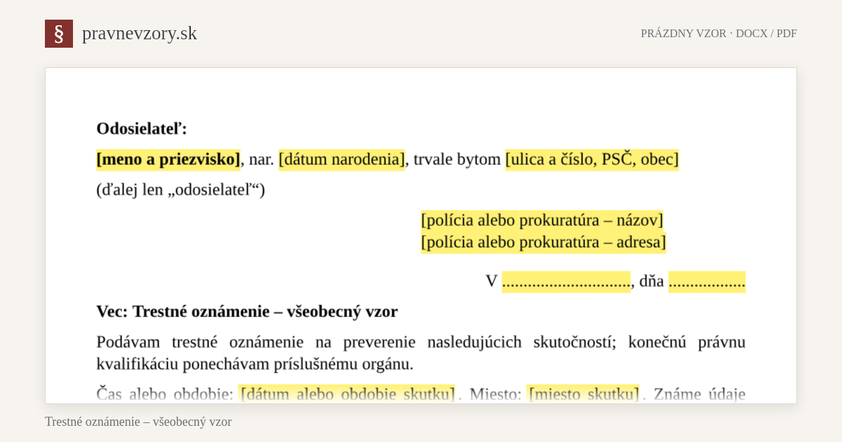 Trestné oznámenie – všeobecný vzor – náhľad hornej časti prázdneho vzoru