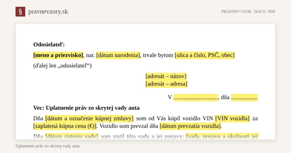 Uplatnenie práv zo skrytej vady auta – náhľad hornej časti prázdneho vzoru