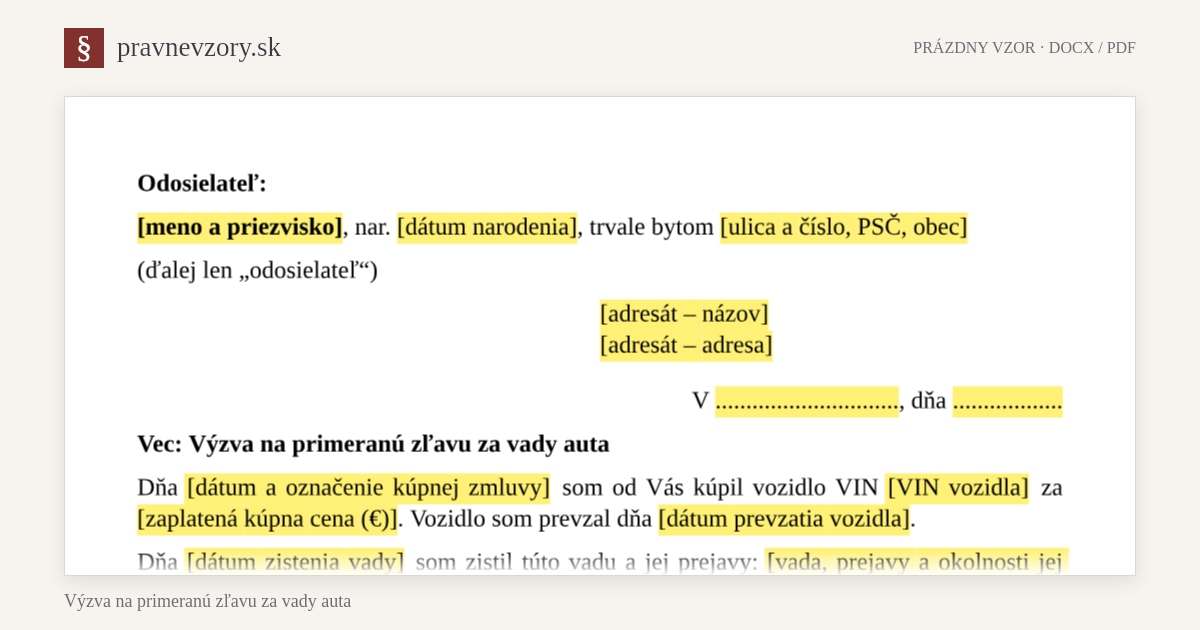 Výzva na primeranú zľavu za vady auta – náhľad hornej časti prázdneho vzoru