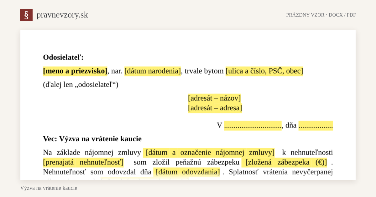 Výzva na vrátenie kaucie – náhľad hornej časti prázdneho vzoru