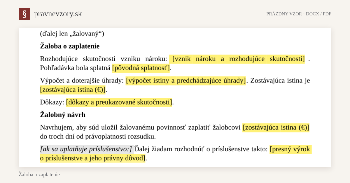 Žaloba o zaplatenie – náhľad hornej časti prázdneho vzoru